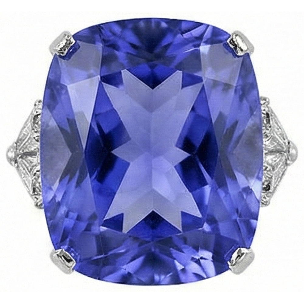 WG 14K AAA Cushion Tanzanite & Trillion Natural Earth Mined Diamond ( Not Lab Grown ) s 6.30 Ct. 3 Stone Ring