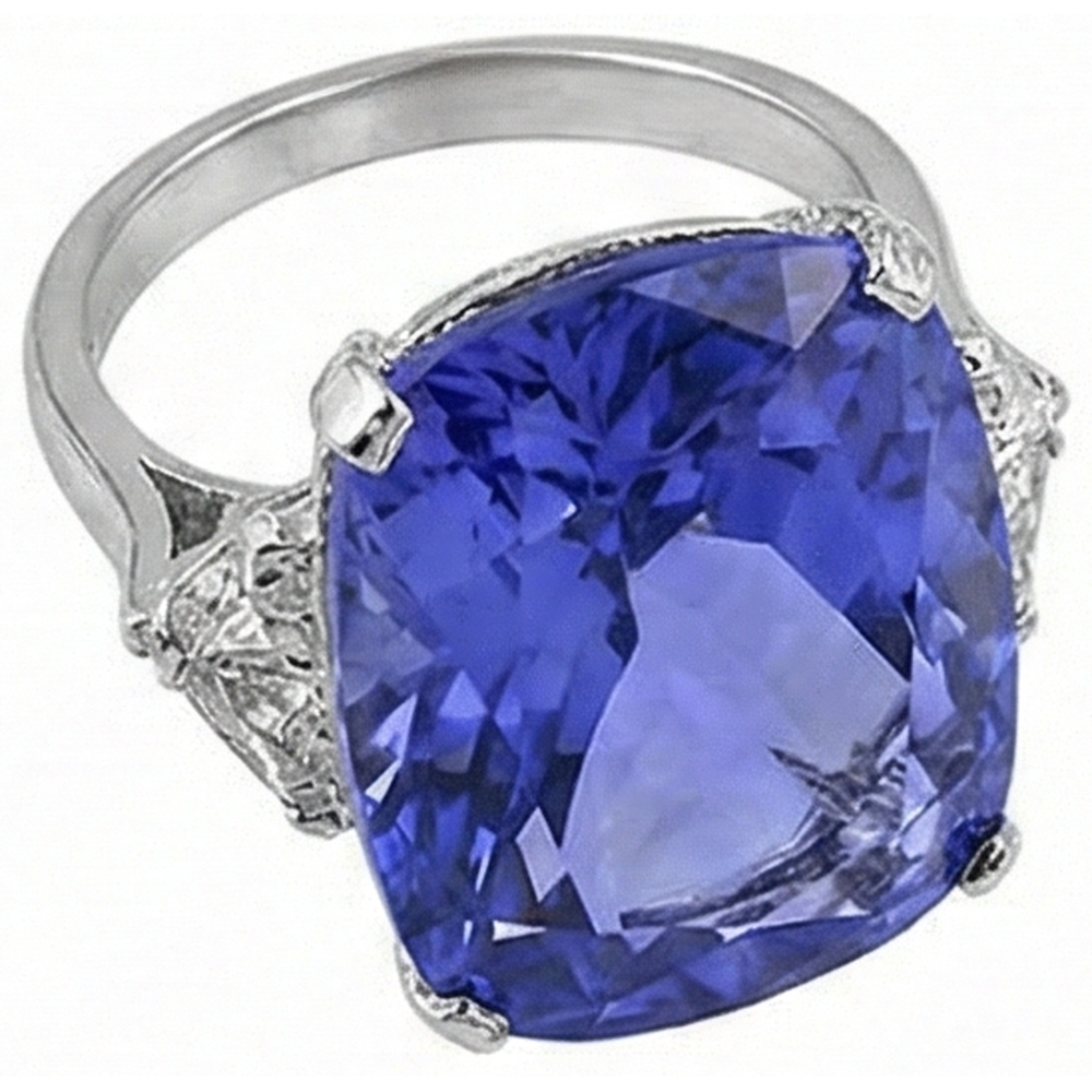WG 14K AAA Cushion Tanzanite & Trillion Natural Earth Mined Diamond ( Not Lab Grown ) s 6.30 Ct. 3 Stone Ring