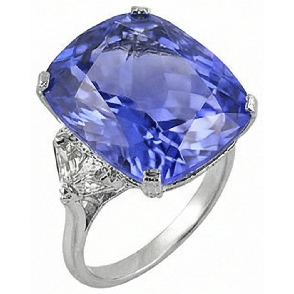 WG 14K AAA Cushion Tanzanite & Trillion Natural Earth Mined Diamond ( Not Lab Grown ) s 6.30 Ct. 3 Stone Ring