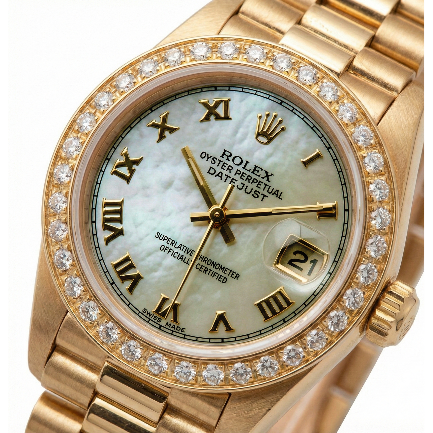 W Mop Roman Dial Presidential Watch Rolex Dj Diamond Bezel Gold