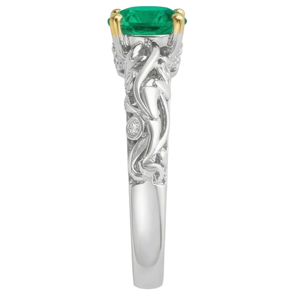 Fine Emerald Round Brilliant Colored Stone Ring in 14K Two Tone Gold – profile view