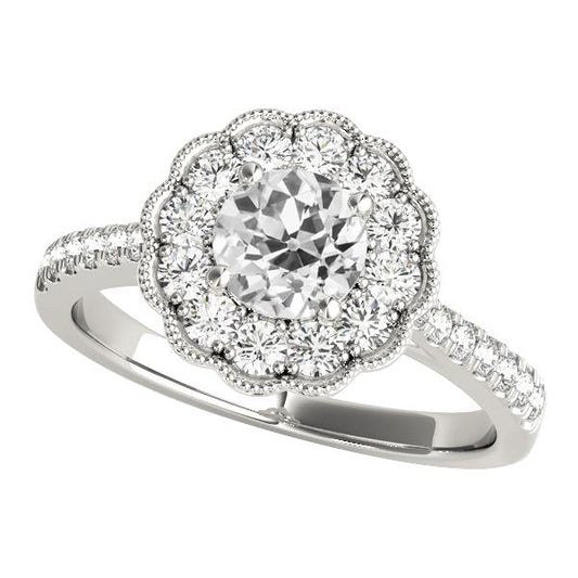 Wedding Halo Ring Round Old Mine Cut Genuine Diamond Flower Style 4 Carats
