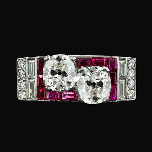 Wedding Ring Baguette & Cushion Old Cut Real Diamond & Rubies 7.50 Carats