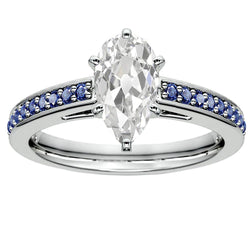 Wedding Ring Pear Old Mine Cut Real Natural Earth Mined Diamond & Round Blue Sapphire 5 Carats