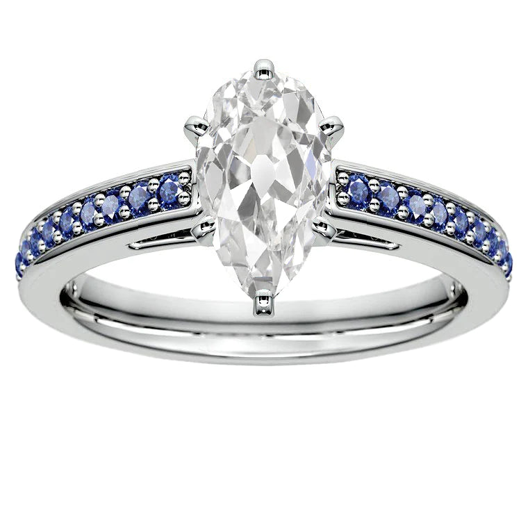 Wedding Ring Pear Old Mine Cut Real Diamond & Round Blue Sapphire 5 Carats