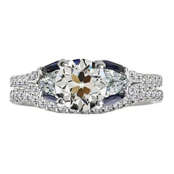 Wedding Ring Set Round Old Miner Real Diamond & Baguette Sapphires 7 Carats