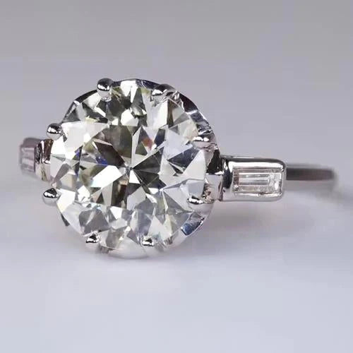 Wedding Three Stone Ring Old Cut Round & Baguette Natural Diamonds 3.25 Carats