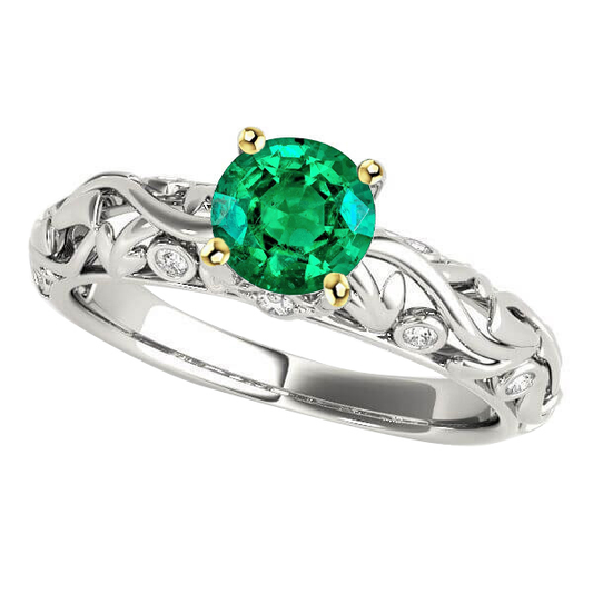 Fine Emerald Round Brilliant Colored Stone Ring in 14K Two Tone Gold – main view