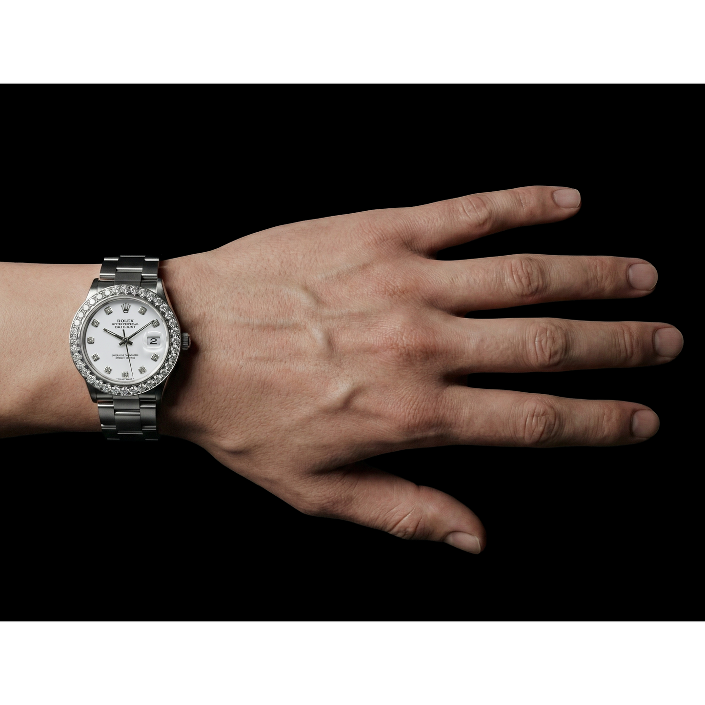 White Dial Custom Diamond Big Bezel Rolex Dj Watch Stainless Steel