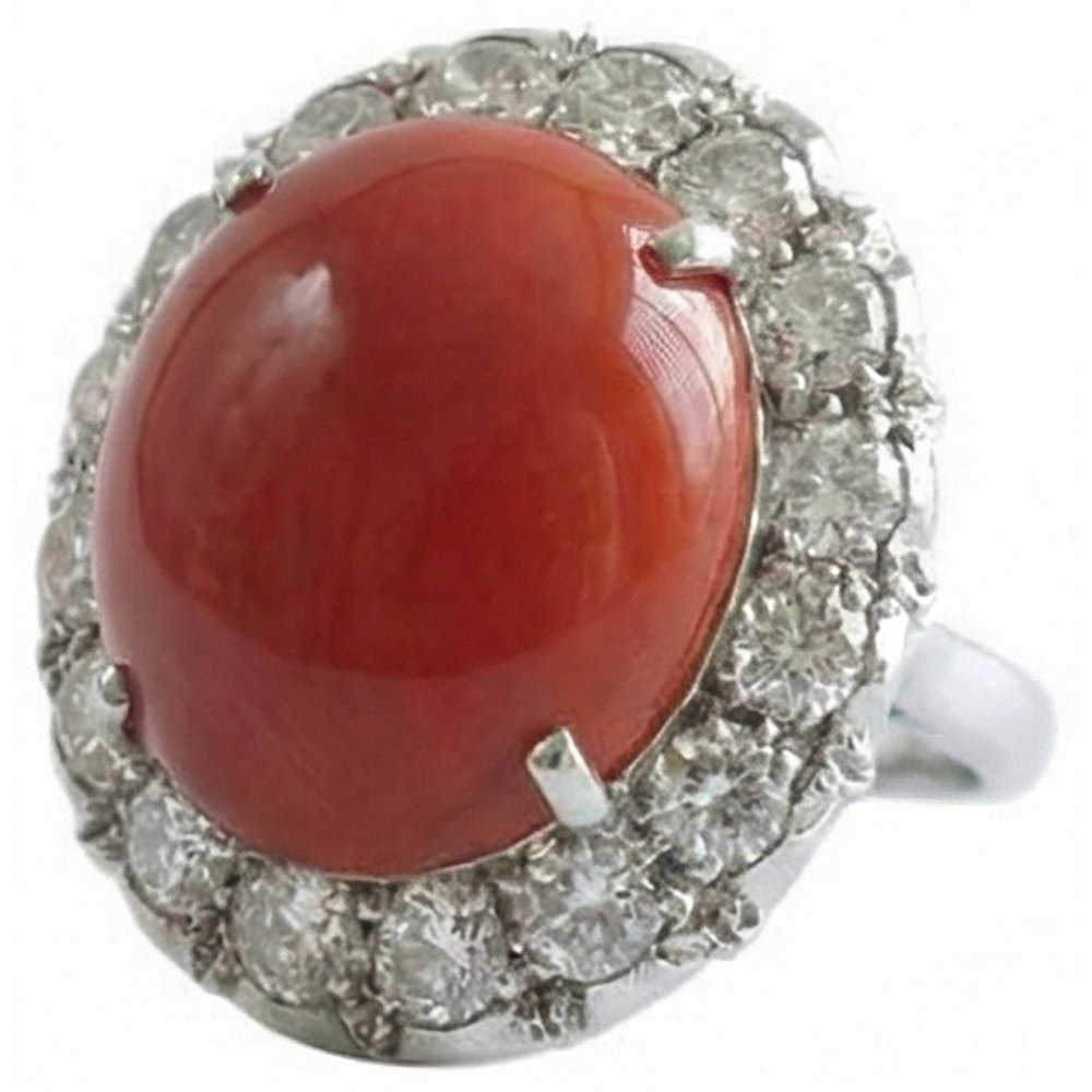 White Gold 14K 14.50 Ct Red Coral And Natural Earth Mined Diamond ( Not Lab Grown )s Engagement Ring New