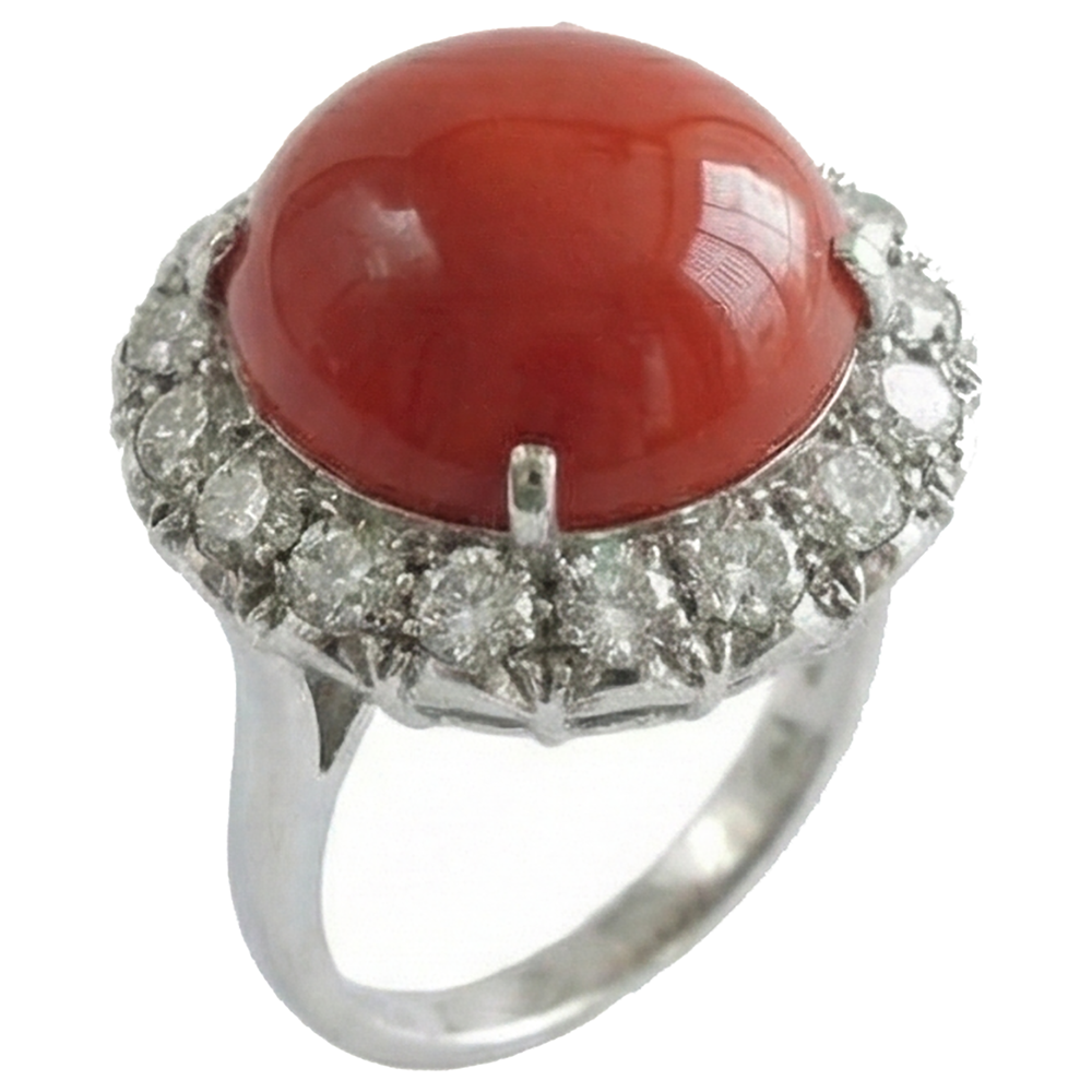 White Gold 14K 14.50 Ct Red Coral And Natural Earth Mined Diamond ( Not Lab Grown )s Engagement Ring New