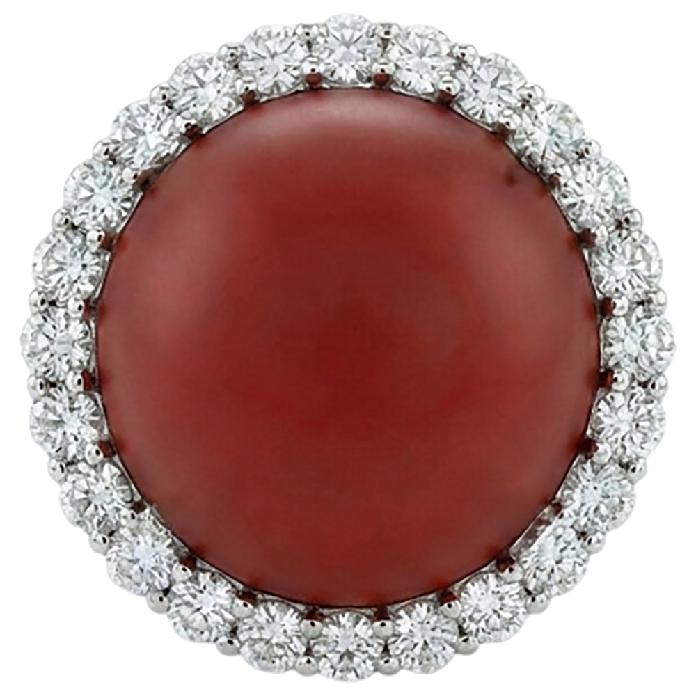White Gold 14K 15 Carats Red Coral And Natural Earth Mined Diamond ( Not Lab Grown )s Engagement Ring