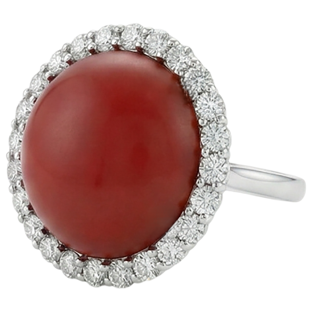 White Gold 14K 15 Carats Red Coral And Natural Earth Mined Diamond ( Not Lab Grown )s Engagement Ring