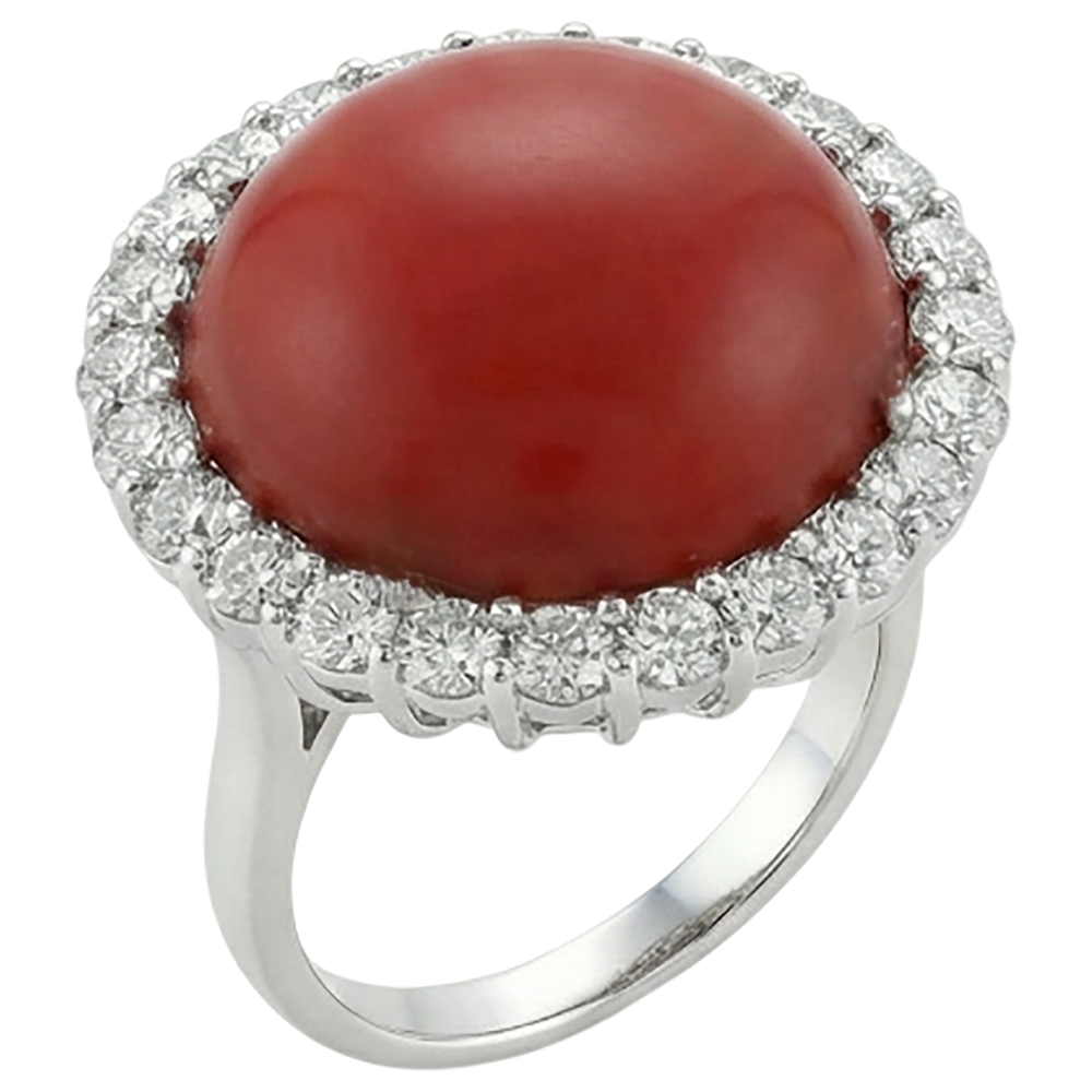 White Gold 14K 15 Carats Red Coral And Natural Earth Mined Diamond ( Not Lab Grown )s Engagement Ring