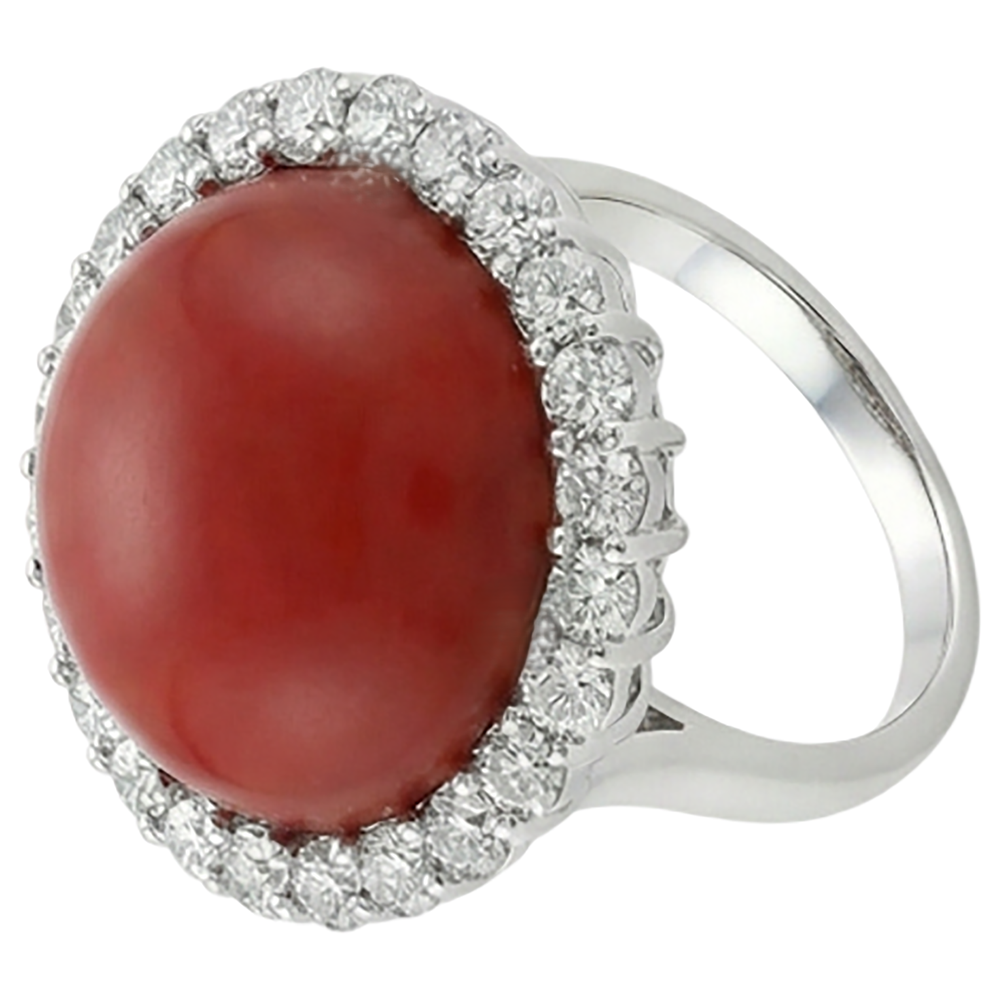 White Gold 14K 15 Carats Red Coral And Natural Earth Mined Diamond ( Not Lab Grown )s Engagement Ring