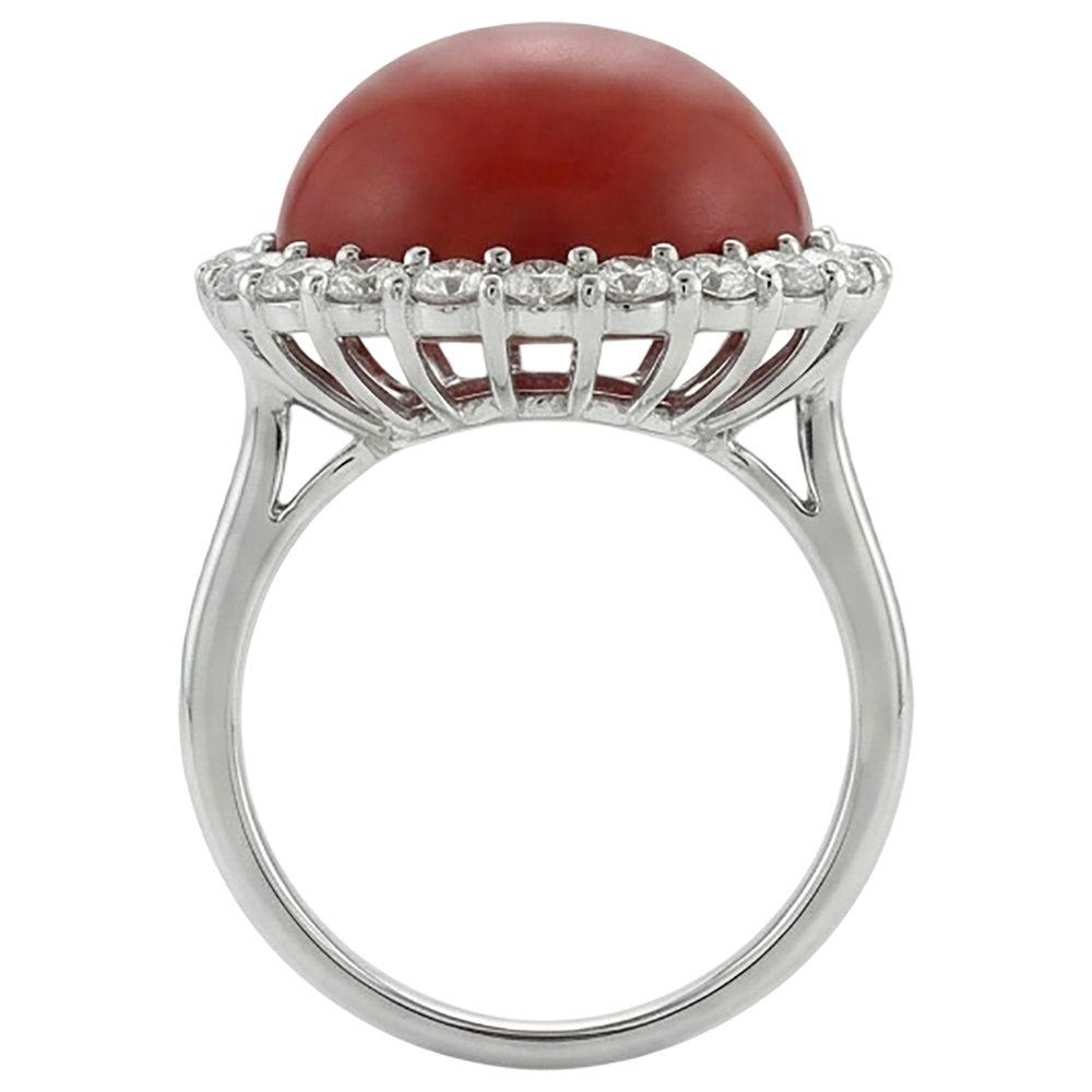 White Gold 14K 15 Carats Red Coral And Natural Earth Mined Diamond ( Not Lab Grown )s Engagement Ring