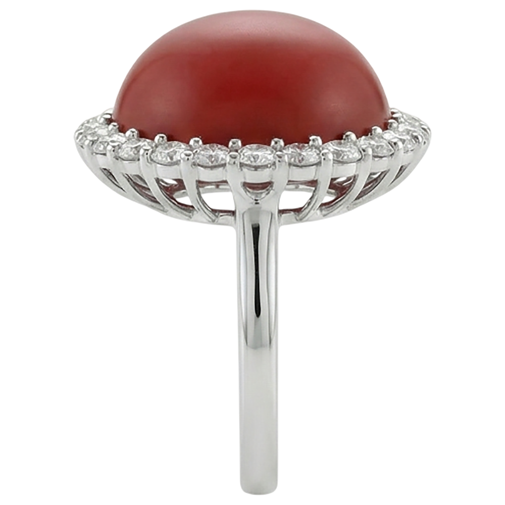 White Gold 14K 15 Carats Red Coral And Natural Earth Mined Diamond ( Not Lab Grown )s Engagement Ring