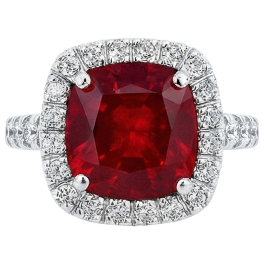 White Gold 14K 4 Carats Cushion Ruby And Round Cut Natural Earth Mined Diamond ( Not Lab Grown )s Ring