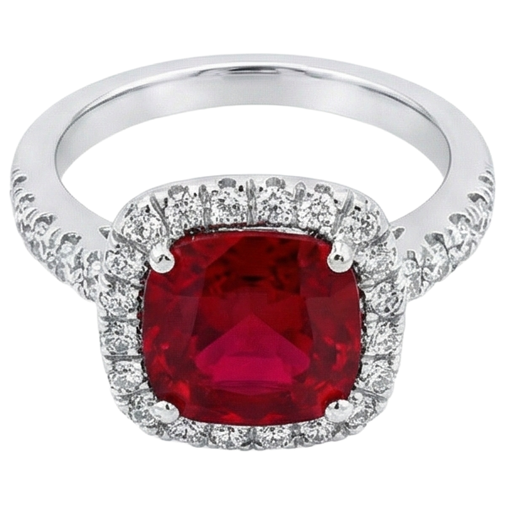 White Gold 14K 4 Carats Cushion Ruby And Round Cut Natural Earth Mined Diamond ( Not Lab Grown )s Ring