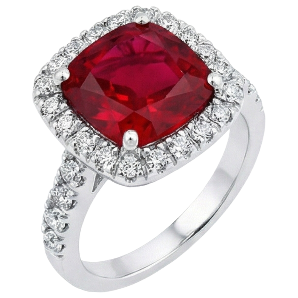 White Gold 14K 4 Carats Cushion Ruby And Round Cut Natural Earth Mined Diamond ( Not Lab Grown )s Ring