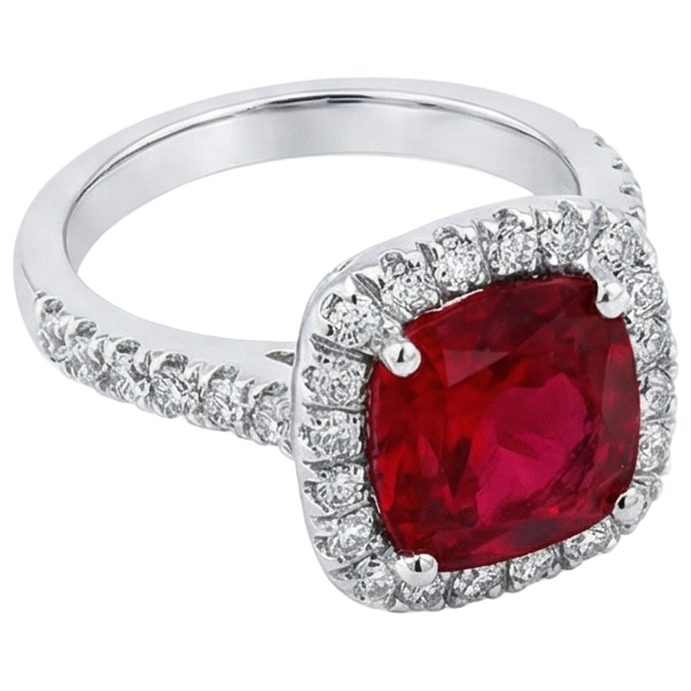 White Gold 14K 4 Carats Cushion Ruby And Round Cut Natural Earth Mined Diamond ( Not Lab Grown )s Ring
