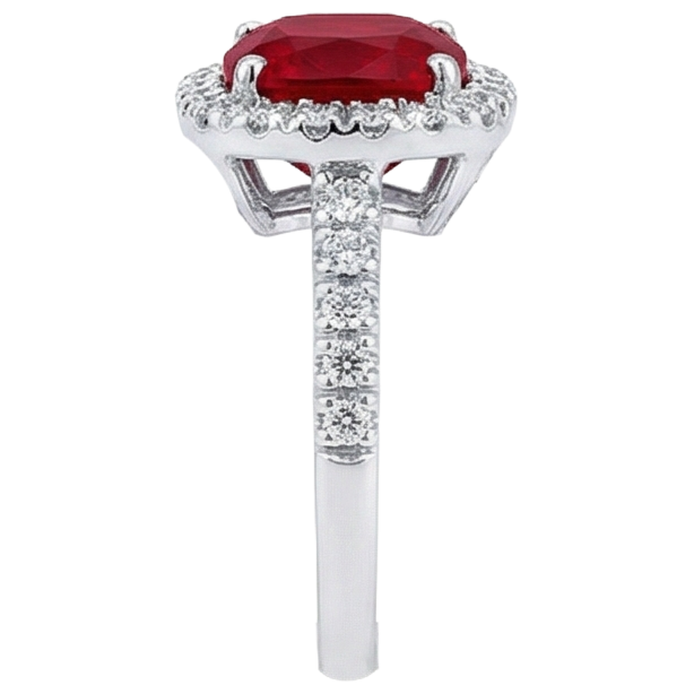 White Gold 14K 4 Carats Cushion Ruby And Round Cut Natural Earth Mined Diamond ( Not Lab Grown )s Ring