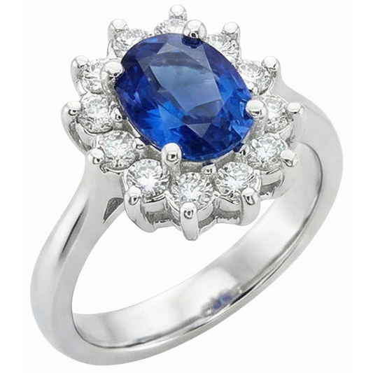 White Gold 14K Halo Natural Earth Mined Diamond ( Not Lab Grown )  And Ceylon Sapphire Ring 3.20 Ct.