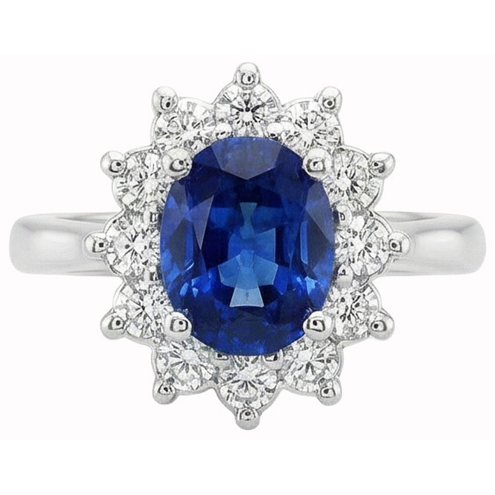 White Gold 14K Halo Natural Earth Mined Diamond ( Not Lab Grown )  And Ceylon Sapphire Ring 3.20 Ct.