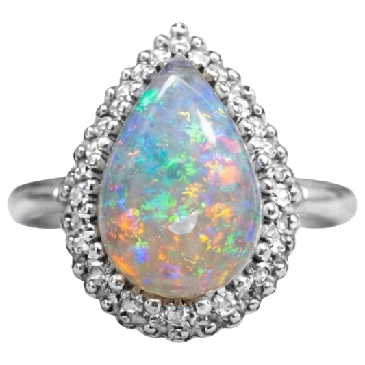 White Gold 14K Opal And Natural Earth Mined Diamond ( Not Lab Grown )s 11.25 Carats Engagement Ring New