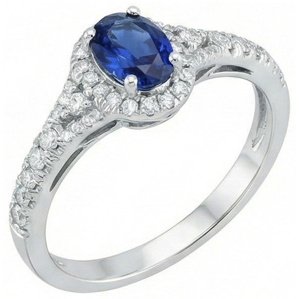 White Gold 14K Oval Cut Ceylon Blue Sapphire 3 Carats Natural Earth Mined Diamond ( Not Lab Grown )  Ring