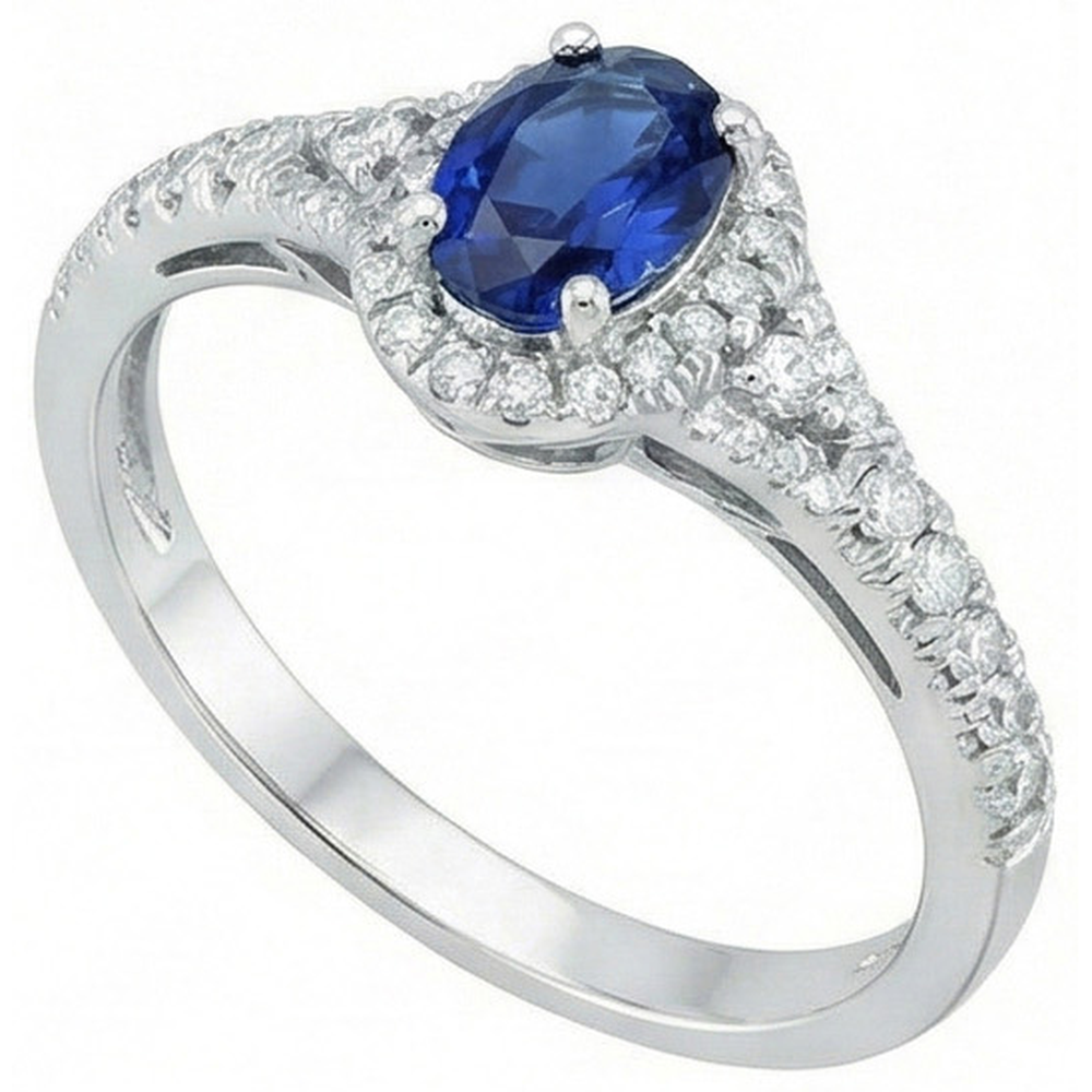 White Gold 14K Oval Cut Ceylon Blue Sapphire 3 Carats Natural Earth Mined Diamond ( Not Lab Grown )  Ring