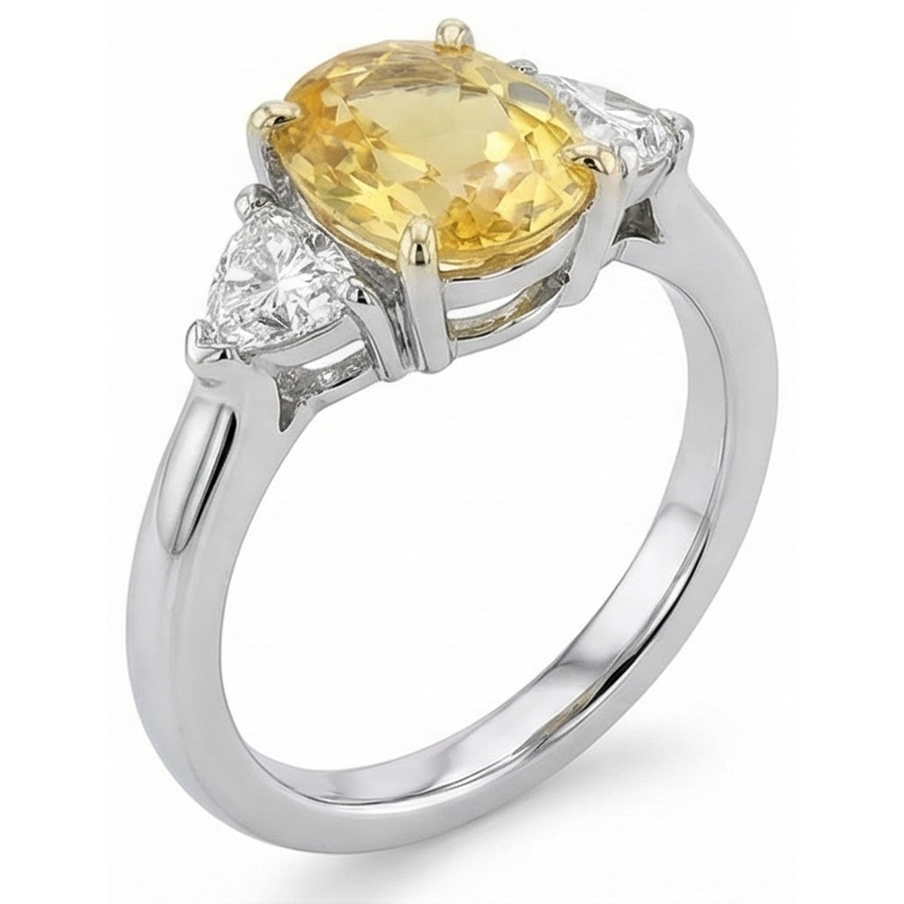 White Gold 14K Oval Yellow Sapphire And Trillion Natural Earth Mined Diamond ( Not Lab Grown )s 4 Ct Ring