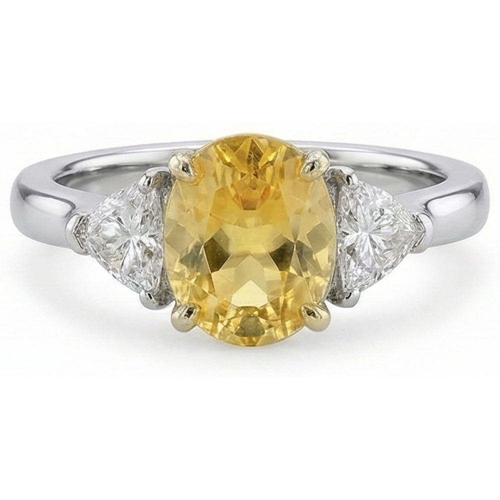 White Gold 14K Oval Yellow Sapphire And Trillion Natural Earth Mined Diamond ( Not Lab Grown )s 4 Ct Ring