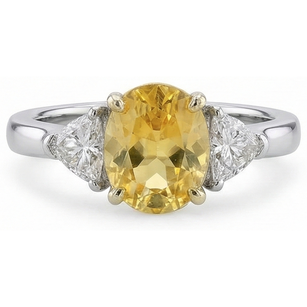 White Gold 14K Oval Yellow Sapphire And Trillion Natural Earth Mined Diamond ( Not Lab Grown )s 4 Ct Ring