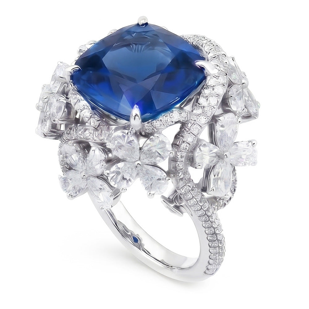 White Gold 14K Pear Cut Blue Sapphire With Natural Earth Mined Diamond ( Not Lab Grown ) s Ring 9.50 Carats
