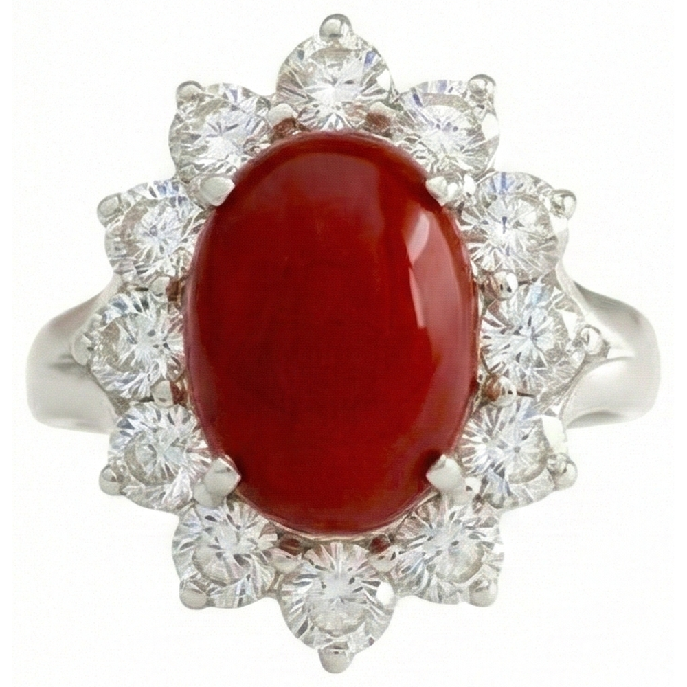 White Gold 16.50 Ct. Solitaire With Accent Red Coral & Natural Earth Mined Diamond ( Not Lab Grown )s Ring