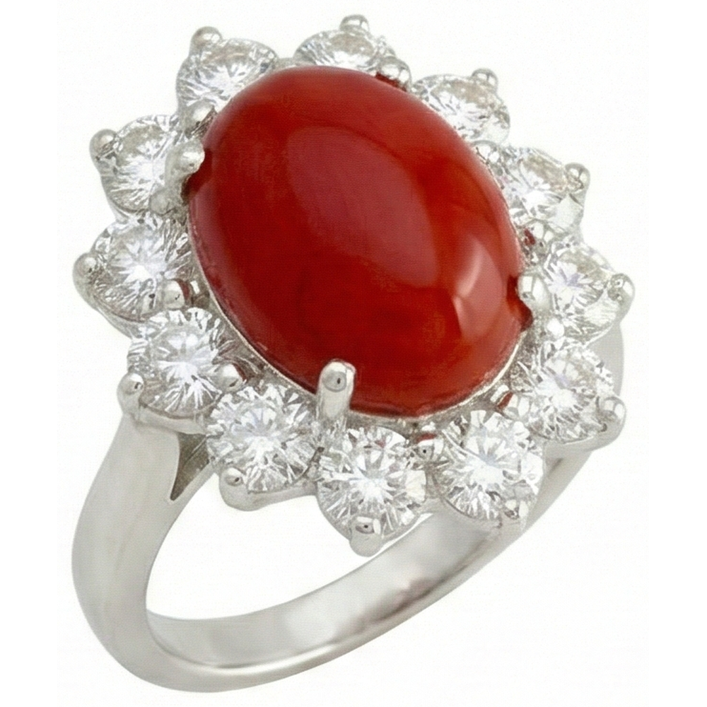 White Gold 16.50 Ct. Solitaire With Accent Red Coral & Natural Earth Mined Diamond ( Not Lab Grown )s Ring
