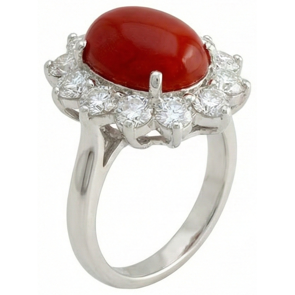 White Gold 16.50 Ct. Solitaire With Accent Red Coral & Natural Earth Mined Diamond ( Not Lab Grown )s Ring