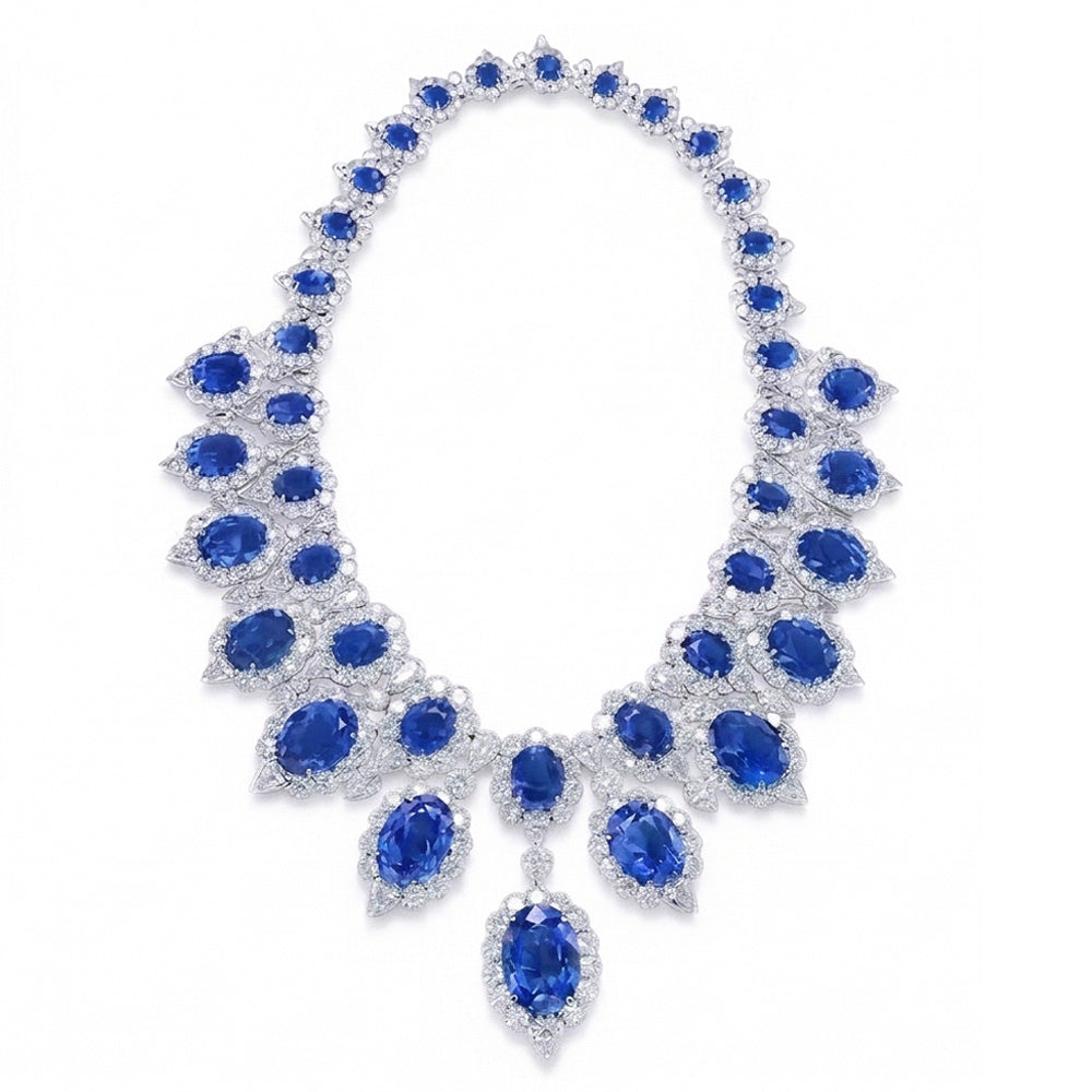 White Gold 291.17 Ct. Blue Sapphire & White Natural Earth Mined Diamond ( Not Lab Grown )  Necklace Jewelry