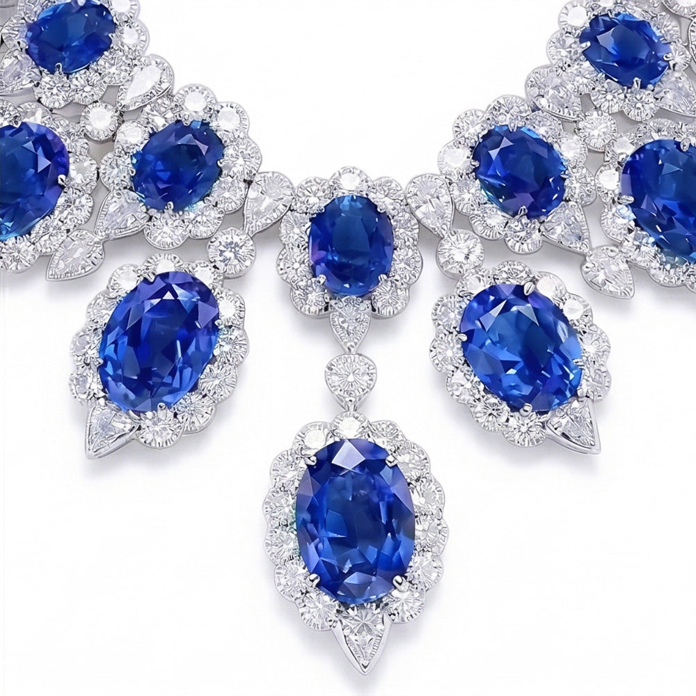 White Gold 291.17 Ct. Blue Sapphire & White Natural Earth Mined Diamond ( Not Lab Grown )  Necklace Jewelry
