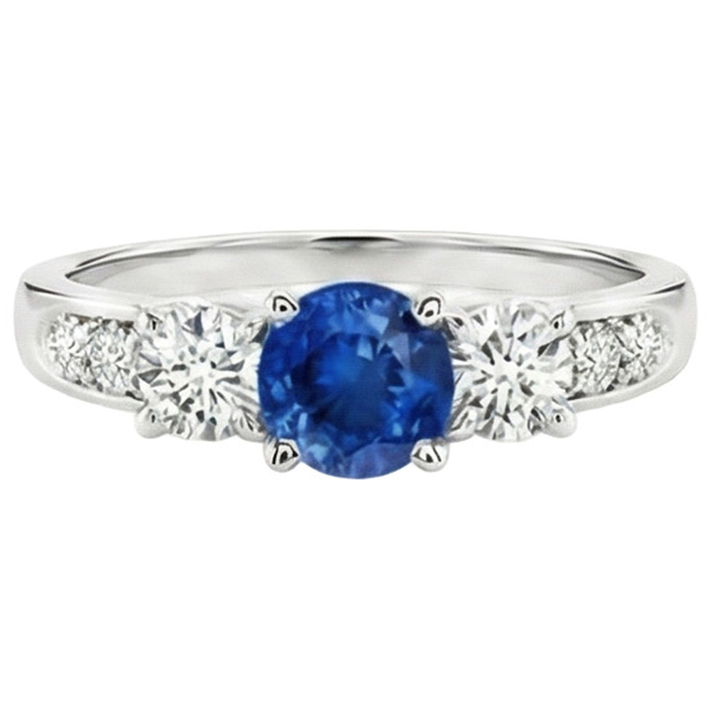 White Gold 3.40 Ct Round Sri Lanka Sapphire Natural Earth Mined Diamond ( Not Lab Grown )  Engagement Ring