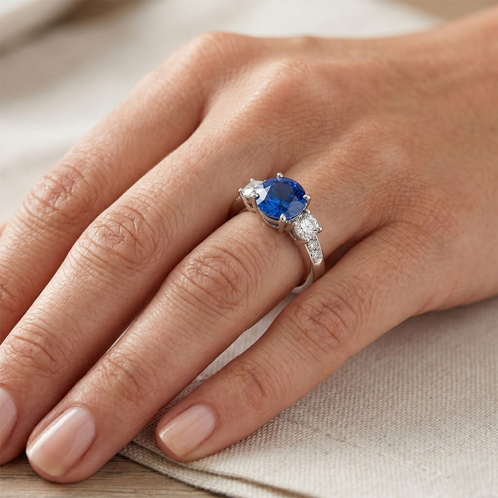 White Gold 3.40 Ct Round Sri Lanka Sapphire Natural Earth Mined Diamond ( Not Lab Grown )  Engagement Ring