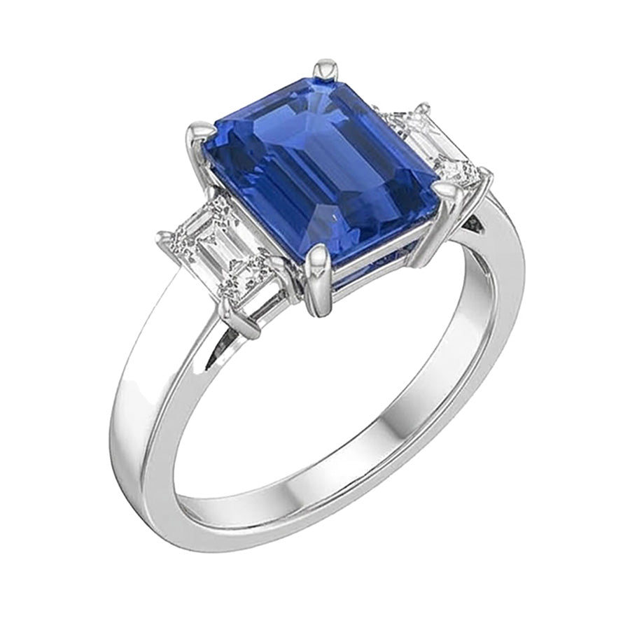 White Gold 3 Stone Emerald Sapphire Ring 2.75 Carats Radiant Natural Earth Mined Diamond ( Not Lab Grown )s