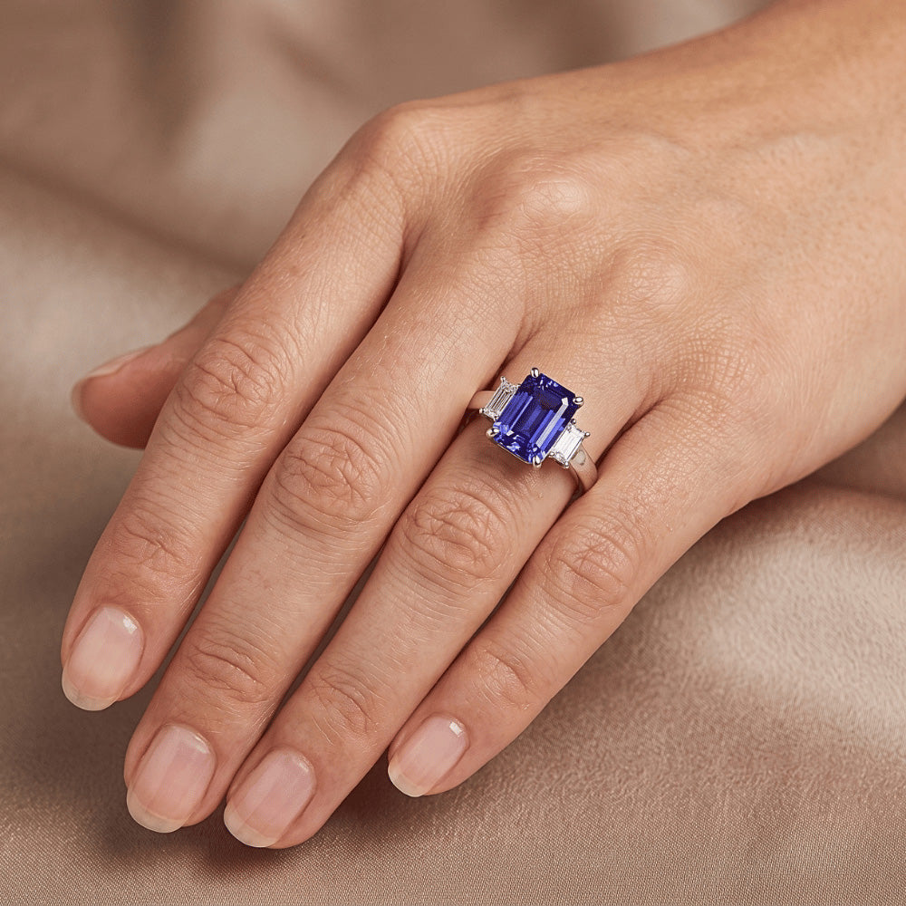 White Gold 3 Stone Emerald Sapphire Ring 2.75 Carats Radiant Natural Earth Mined Diamond ( Not Lab Grown )s