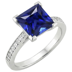 White Gold Engagement Ring Princess Blue Sapphire & Natural Earth Mined Diamond ( Not Lab Grown ) 4 Carats