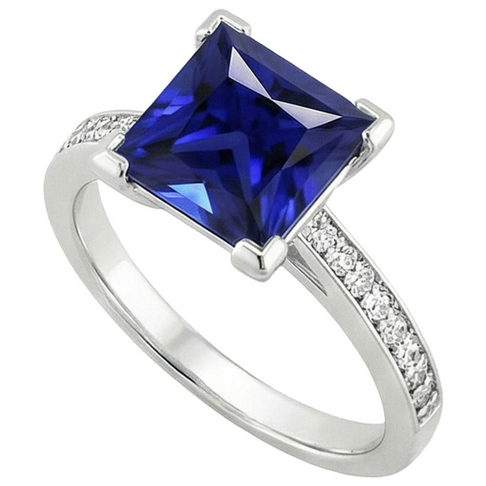 White Gold Engagement Ring Princess Blue Sapphire & Natural Earth Mined Diamond ( Not Lab Grown ) 4 Carats
