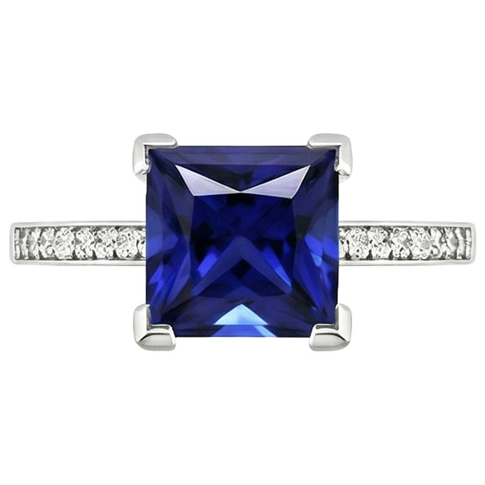 White Gold Engagement Ring Princess Blue Sapphire & Natural Earth Mined Diamond ( Not Lab Grown ) 4 Carats