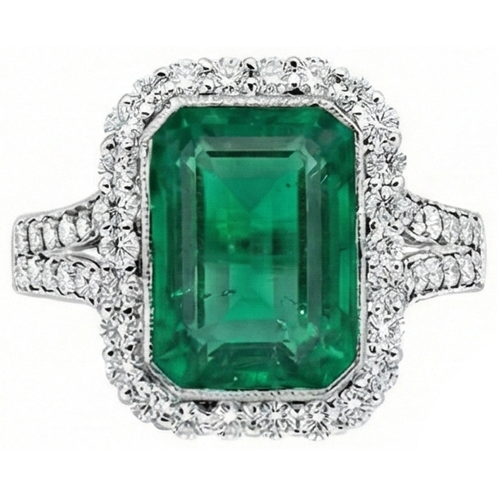 White Gold Green Emerald & Natural Earth Mined Diamond ( Not Lab Grown ) Jewelry 5.80 Carats Gemstone Ring