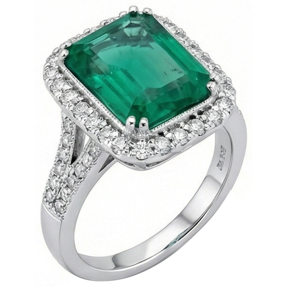 White Gold Green Emerald & Natural Earth Mined Diamond ( Not Lab Grown ) Jewelry 5.80 Carats Gemstone Ring