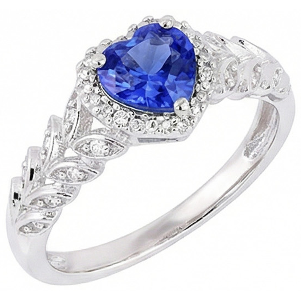 White Gold Halo Heart Blue Sapphire Ring Leaf Style 2.50 Carats